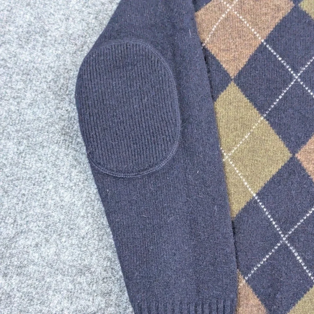 J. Crew Mens Argyle Quarter Zip Sweater Navy Blue Lambswool Elbow Patches Medium
